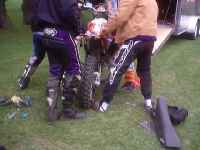 KTM rear frame straightening with pipe wrench